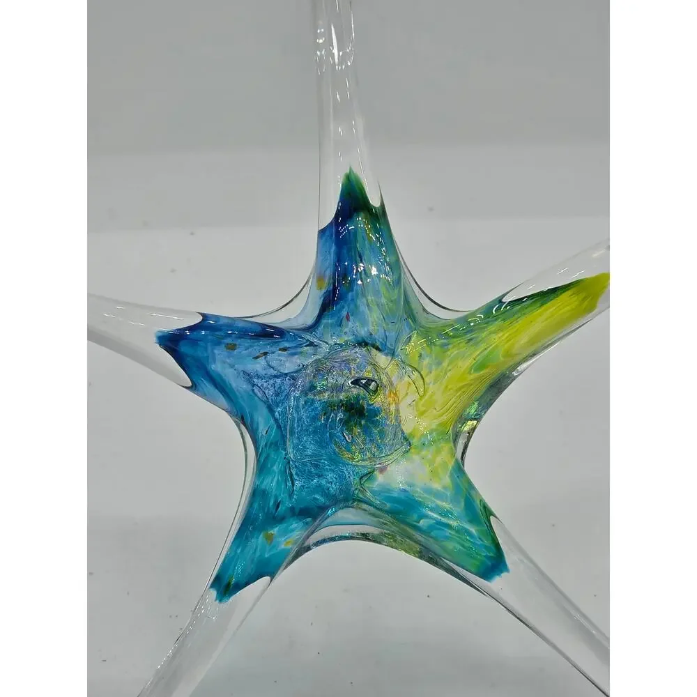 Signed Luke Adams Hand Blown Art Glass Starfish Suncatcher Ornament Blue Green 8